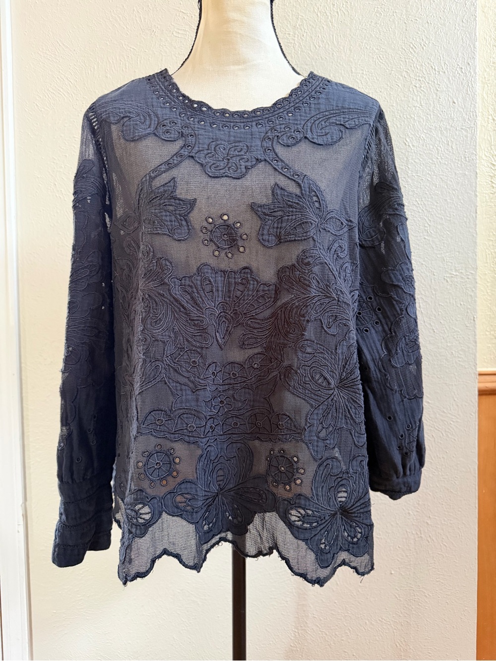 Sundance black boho mesh embroidered blouse